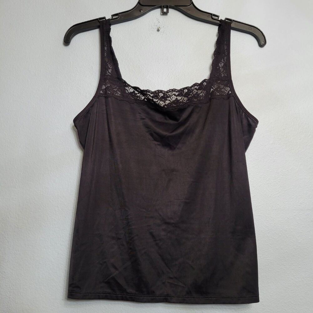 Black Silky Camisole Tank Top Lace Trim XL Adjustable Dark Romance Coquette Y2K